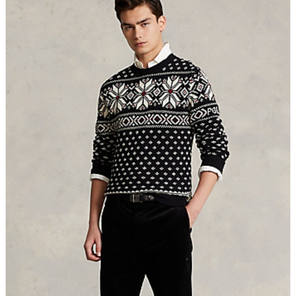 Polo Ralph Lauren Mens Black Fair Isle Cotton Cashmere Snowflake Sweater L - Picture 2 of 12